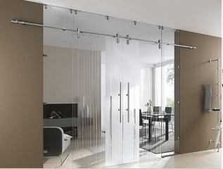 Mẫu cửa kính cường lực trượt treo dùng ray inox kết hợp tay treo